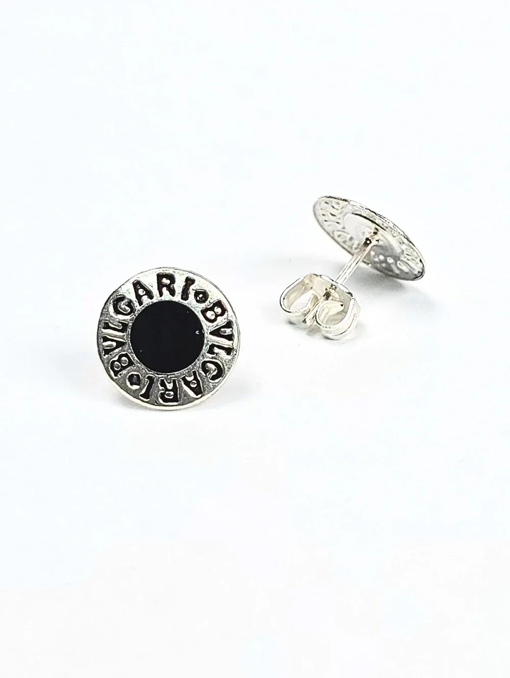 Bvlgari Inspired Black Enamel Stud Earrings 925 Sterling Silver 10mm - Picture 4 of 8